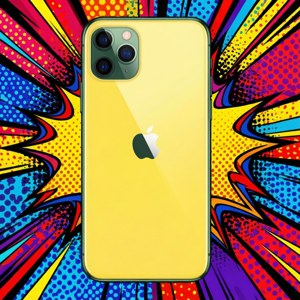 黃色 iPhone 11 Pro 帶綠色邊框，置於色彩繽紛的漫畫爆炸背景上
