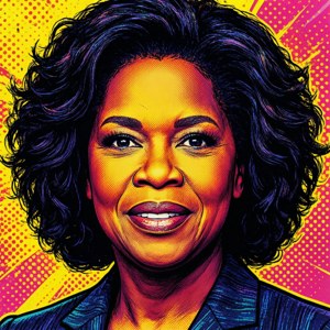 Oprah Winfrey 以粗體流行藝術風格呈現，帶有半色調點同充滿活力嘅黃、粉紅同藍色背景。