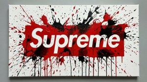 畫布藝術，紅色背景上白色「Supreme」標誌，周圍有紅色和黑色油漆飛濺和滴落。