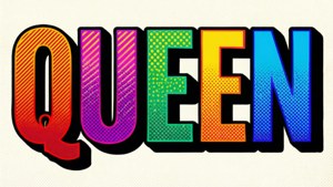充滿活力的漫畫風格文字，拼出 QUEEN，帶有彩虹漸變和半色調圖案。 — 女王 GIF 壁紙