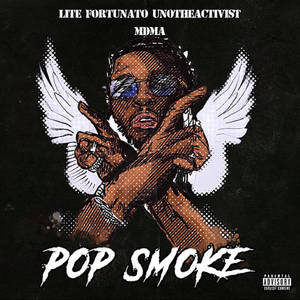 Pop Smoke插圖，帶有天使翅膀和太陽眼鏡，指向觀看者。
