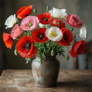 一個裝有紅色、粉紅色和白色罌粟花的花瓶放在木桌上