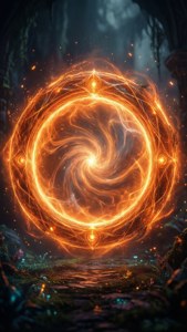 一個發光的橙色魔法傳送門在黑暗的森林中旋轉