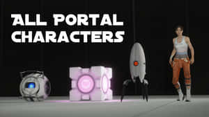 Portal 遊戲角色，包括 Chell、GLaDOS 和傳送槍在攝影棚中。 — 傳送門 壁紙