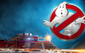 Ghostbusters 標誌與 Ecto-1 汽車在暴風雨之夜發光。