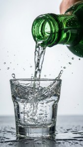 水從綠色瓶子倒入玻璃杯，在白色表面上產生水花和飛濺