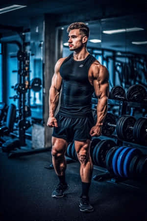 一個肌肉發達的男人穿著黑色運動服，站在健身房裡，周圍有啞鈴。