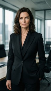 一位穿著黑色商務西裝的女性，站在一間擁有城市景觀的現代辦公室中。