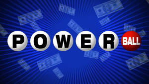 Powerball 彩票標誌，浮動的美元鈔票在藍色背景上。