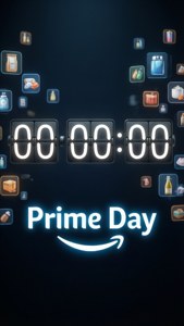 Prime Day倒數計時器，黑暗背景上有浮動產品圖標