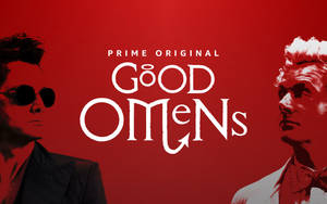 兩個男人側面夾著紅色背景上的 Good Omens 標題。