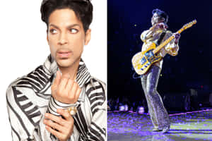 Prince 身穿條紋襯衫和閃亮褲子在舞台上彈結他。 — 王子 壁紙