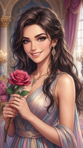 一位身著優雅長裙的女士在金色宮殿場景中手持紅玫瑰。