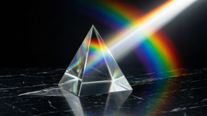 玻璃金字塔在黑色大理石上將光折射成彩虹