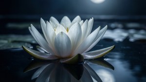 白睡蓮漂浮在夜間反射月光的深色水面上