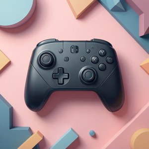 黑色Nintendo Switch Pro控制器在粉紅色粉彩背景上，帶有幾何形狀
