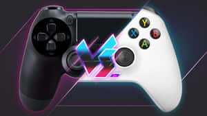 黑色PlayStation手掣對白色Xbox手掣，附霓虹VS圖案。