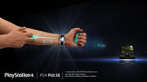 人使用 PS4 Pulse 腕帶將遊戲箭頭投射到靠近電視的手臂上。