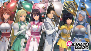六個身穿未來風格制服的動漫角色站在機甲前。 — PlayStation GIF 壁紙