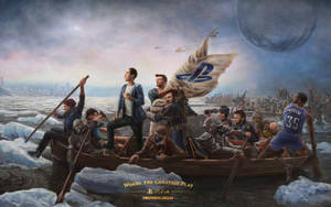 玩家在船中航行於冰上，在巨大的月亮下舉著PS4旗幟。
