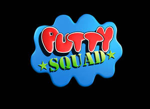 Putty Squad 標誌，黑色背景上藍色史萊姆形狀上有紅綠色文字