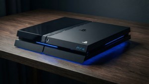 黑色 PlayStation 4 主機在木桌上發出藍色光芒。
