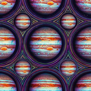 重複幾何圖案中的木星行星，帶有霓虹發光邊框