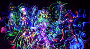 在黑暗的宇宙背景下，以鮮豔霓虹色彩發光的超現實人物。