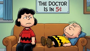 查理布朗在「Doctor Is In 5¢」標誌下的沙發上睡覺時，露西看起來很惱火。