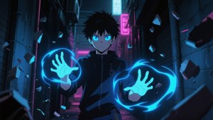 動漫男孩，擁有發光的藍色眼睛和雙手，在霓虹燈照亮的巷子裡釋放電能，碎片飛揚。