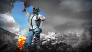 士兵在爆炸和煙霧中手持煎鍋跳躍的遊戲場景。