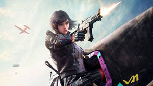 女兵從船上發射武器，天空中有雙翼飛機和降落傘。