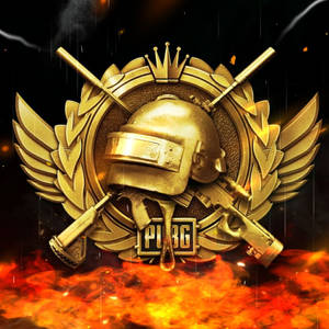 金色PUBG遊戲標誌，頭盔和槍支在火焰上方。