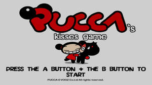 Pucca's kisses game 標題畫面，兩個卡通角色擁抱。