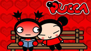 兩個卡通人物在長椅上，背景是紅色心形和字樣 Pucca。