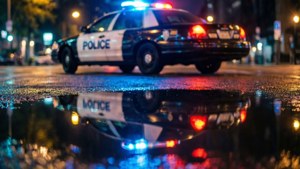 警車閃爍的燈光在夜間濕漉漉的街道上的雨水坑中反射。