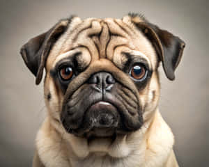 一隻淺黃色八哥犬，臉部有皺紋，棕色眼睛直視鏡頭。