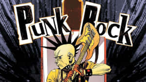 梳莫西干頭的龐克搖滾歌手在「Punk Rock」標誌下彈奏電結他。