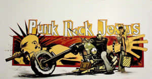 龐克搖滾歌手騎電單車，女子站在旁邊，上方有「Punk Rock Jesus」字樣。