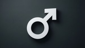 白色3D男性符號在深灰色背景上帶有柔和陰影。