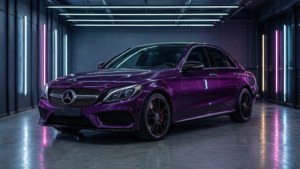 紫色梅賽德斯-奔馳轎車在霓虹燈照亮的現代車庫中，地面反射光線。