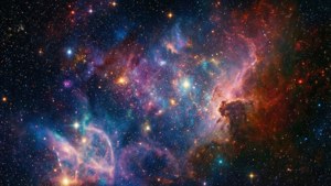 一個色彩繽紛的星雲，充滿了恆星和宇宙塵埃，在深空中