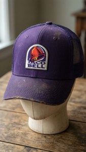 紫色Taco Bell帽在木製人體模型頭上，質樸木桌