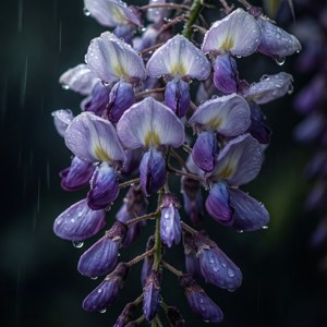 紫色紫藤花被雨滴覆蓋，柔焦效果。