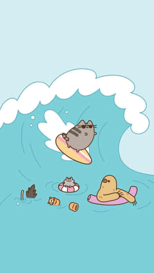 Pusheen 衝浪，朋友們在海洋中漂浮。