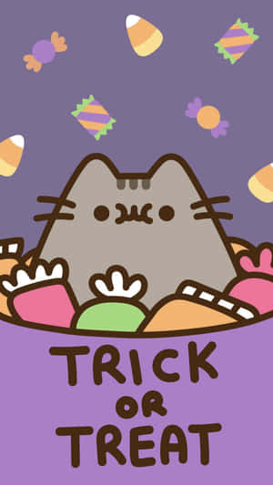 Pusheen 貓咪喺一個寫住 'trick or treat' 嘅糖果袋上面偷睇。 — 恐怖萬聖節 壁紙