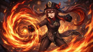 動漫女孩穿著深色制服，以強烈的表情揮舞著旋轉的火焰漩渦