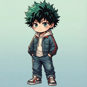 Q版動漫男孩，綠色頭髮和眼睛，穿著牛仔外套和破洞牛仔褲。