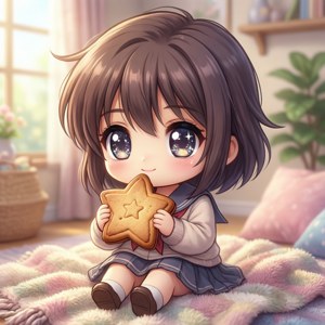 Q版動漫女孩在陽光窗邊的柔軟地毯上拿著星形餅乾。 — Infinix Zero 壁紙