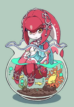 一個可愛的動漫女孩，紅髮和章魚觸手，坐在有魚和珊瑚的魚缸裡。 — 小米Mix 壁紙